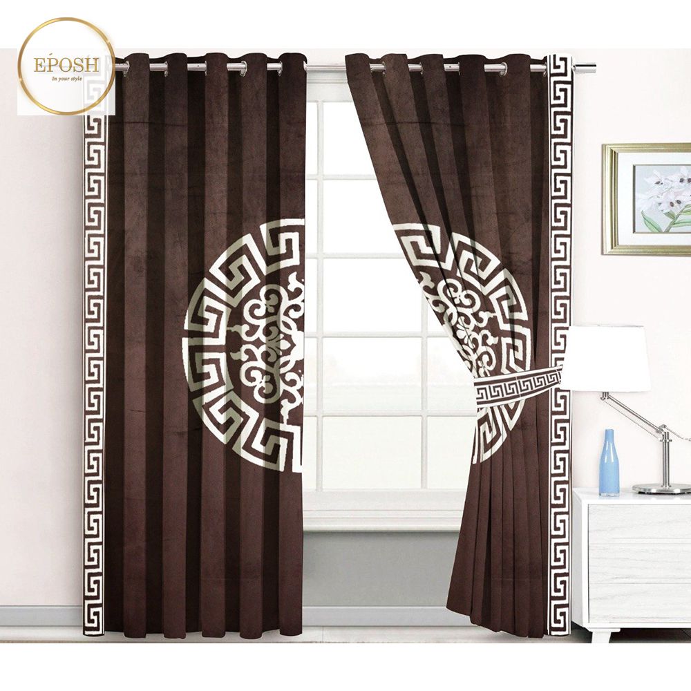 2 Pieces Premium splendid velvet curtain Panels & 2 Belts (Brown/White)