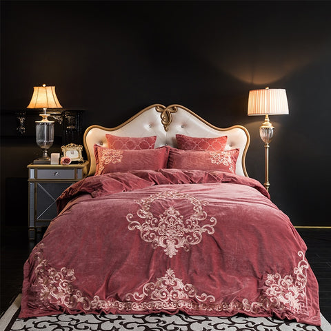 New Luxury Embroidered Velvet Duvet Set -Rose Pink