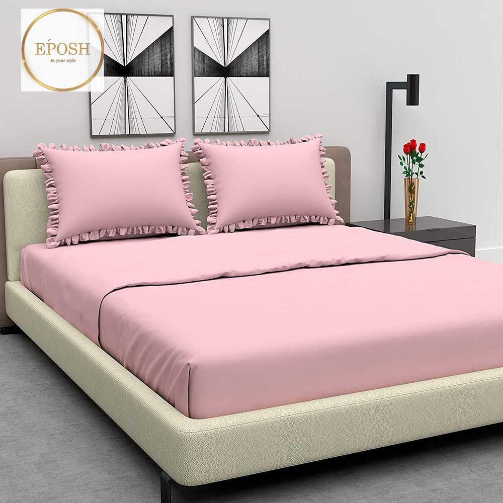 Rich Cotton Fitted Sheet with Ruffle Pillow covers - Pink