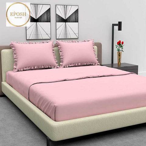 Rich Cotton Fitted Sheet with Ruffle Pillow covers - Pink