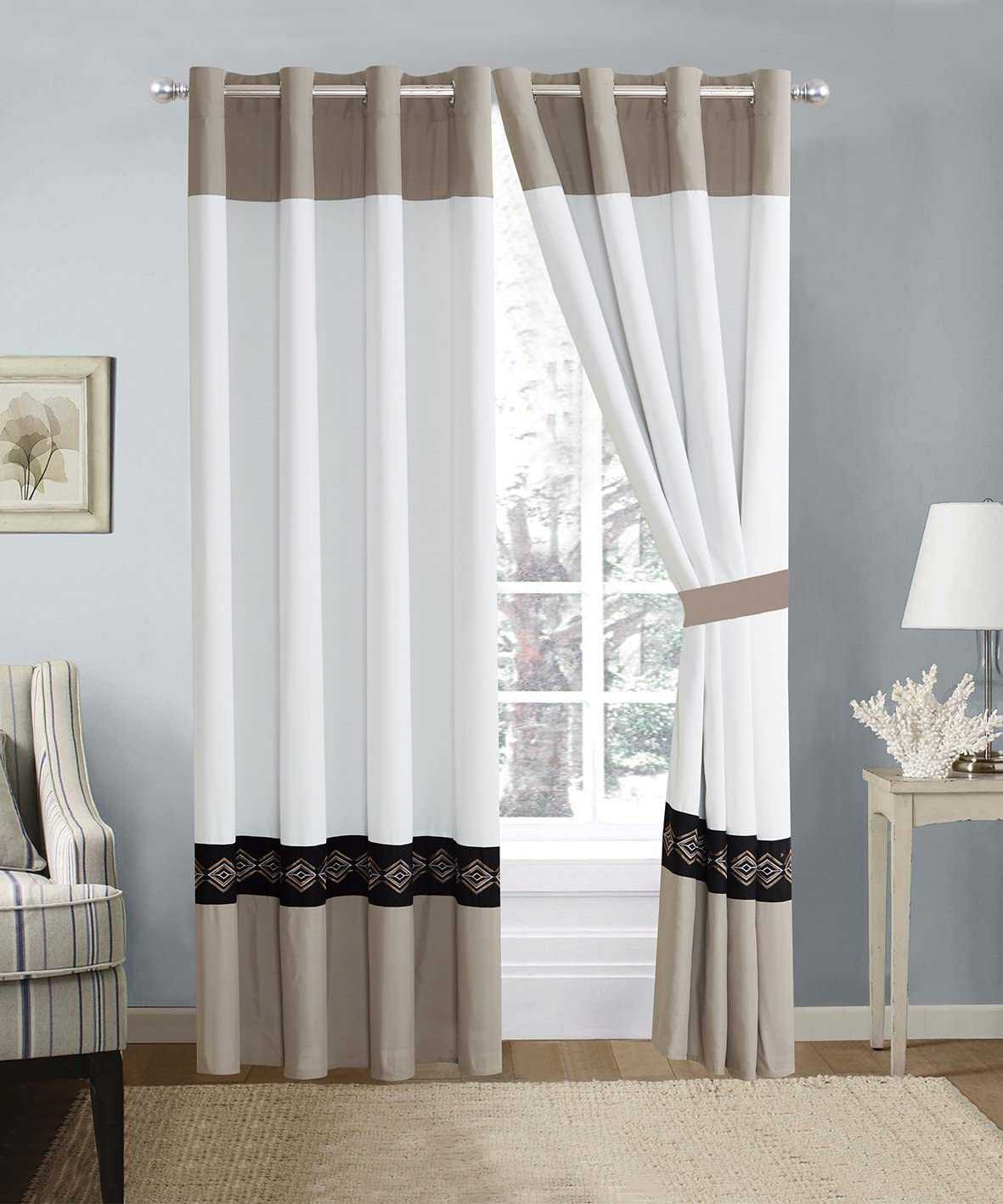 2 Pieces Elegant Embroidered Curtains - White & Skin