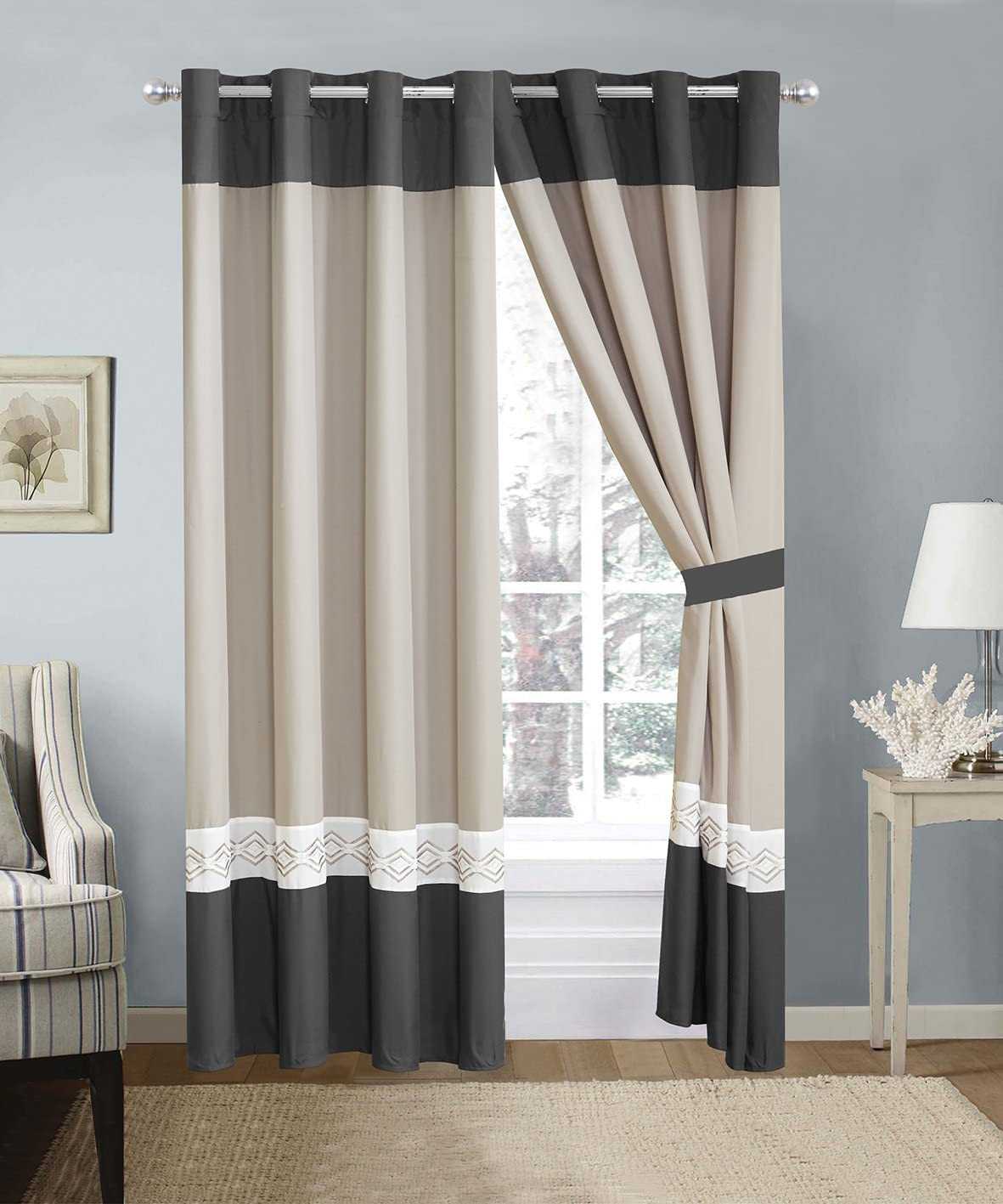 2 Pieces Elegant Embroidered Curtains - Cream & Grey