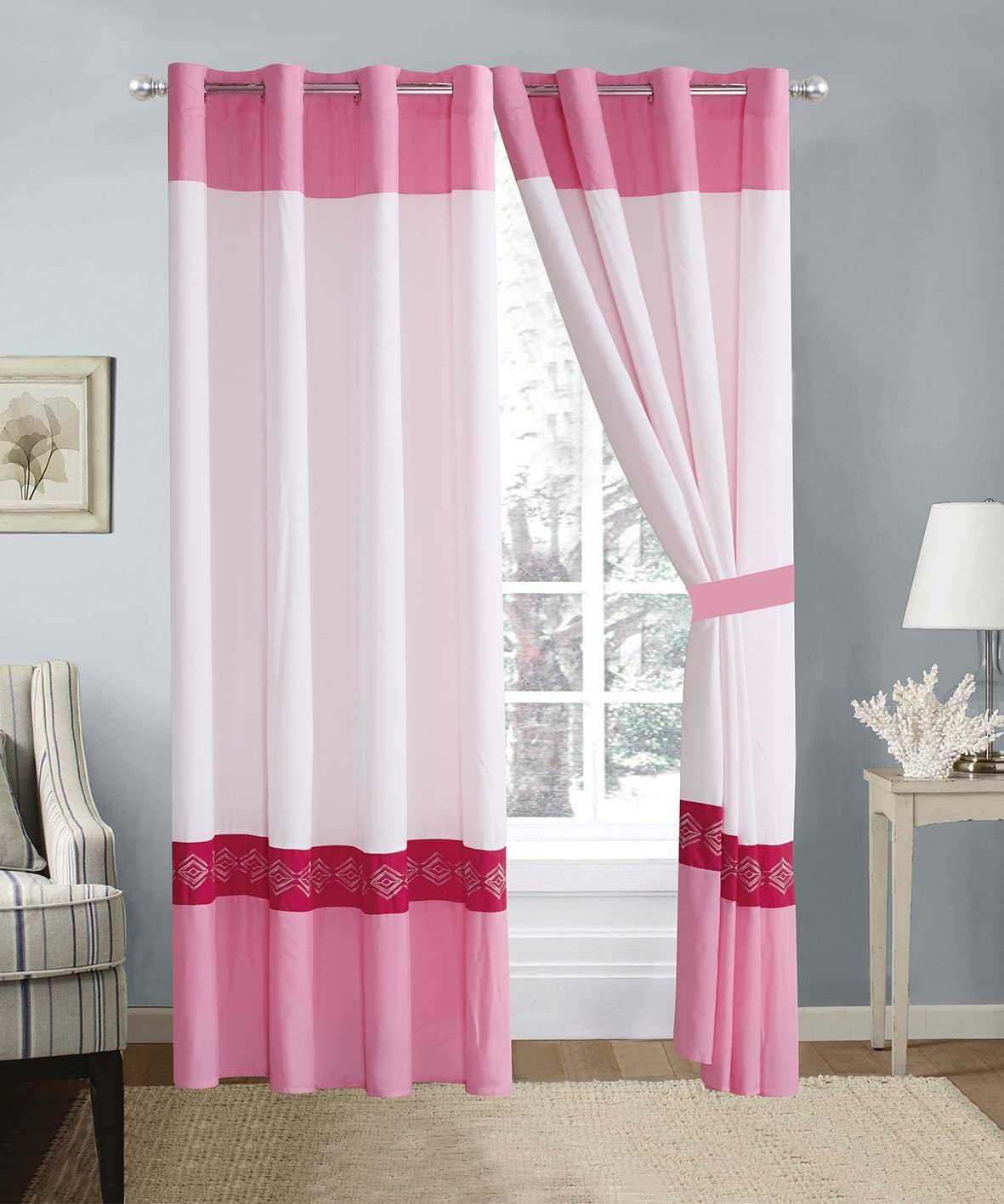 2 Pieces Elegant Embroidered Curtains - White & Pink
