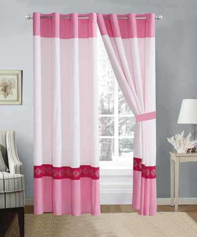 2 Pieces Elegant Embroidered Curtains - White & Pink