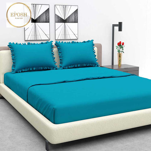 Rich Cotton Fitted Sheet with Ruffle Pillow covers - Blue