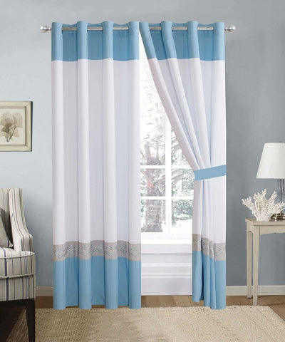 2 Pieces Elegant Embroidered Curtains - White & Sky Blue