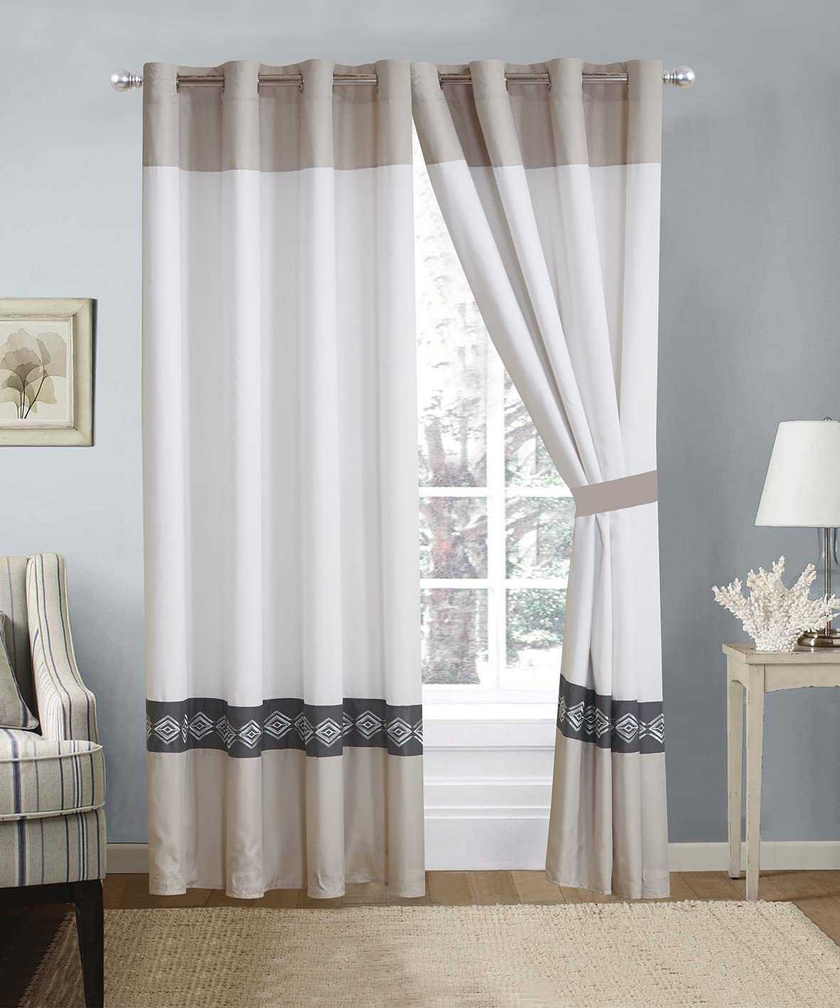 2 Pieces Elegant Embroidered Curtains - White & Cream