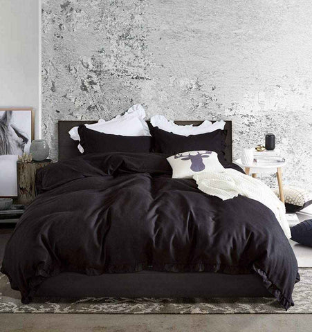 Jet Black With Ruffles Duvet Set - 4 Pieces
