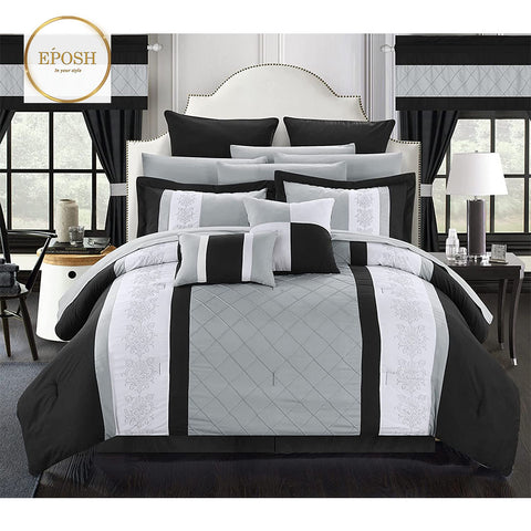 Luxury Embroidered Duvet Set - Light Grey and Black