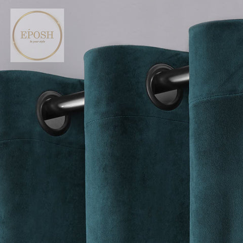 2 Pieces Plain Dyed Velvet Eyelet Curtains-Teal