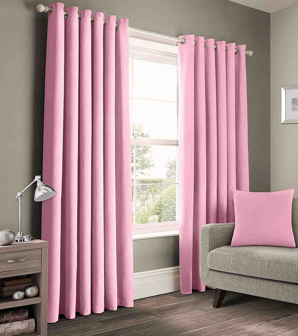 2 Pieces Plain Dyed Back Lining Eyelet Curtains - Pink