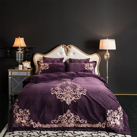 New Luxury Embroidered Velvet Duvet Set -Purple