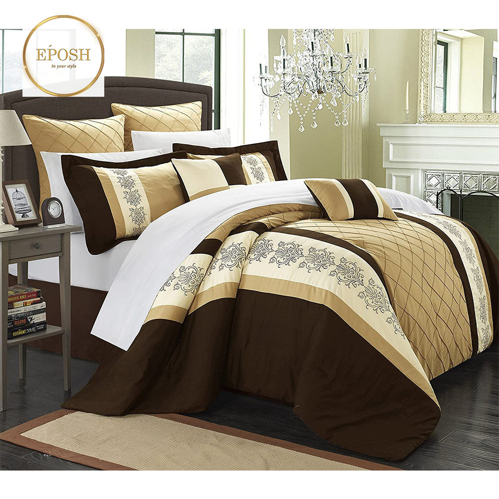 Embroidered Pleated Duvet Set - Brown and Khaki