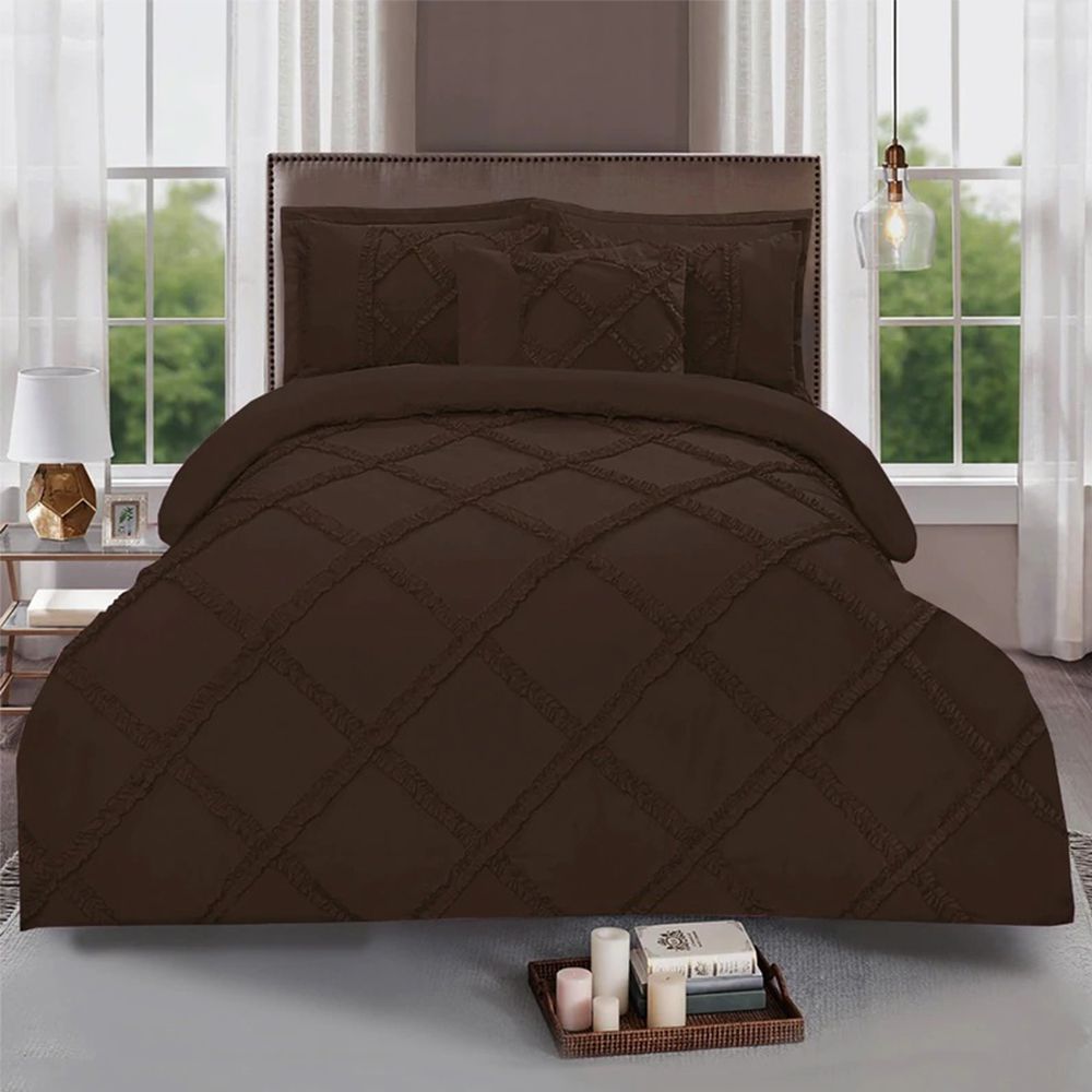 Ruffled Cross Pleated Duvet Set - Brown