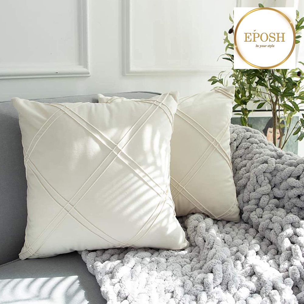 Pack of 2 Velvet Decorative Double Cross Pleated Cushion-Off White
