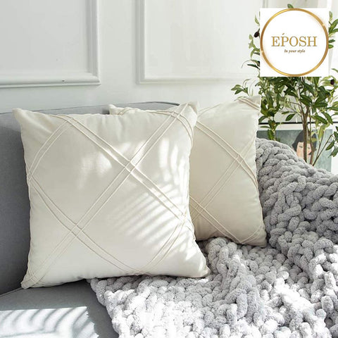 Pack of 2 Velvet Decorative Double Cross Pleated Cushion-Off White