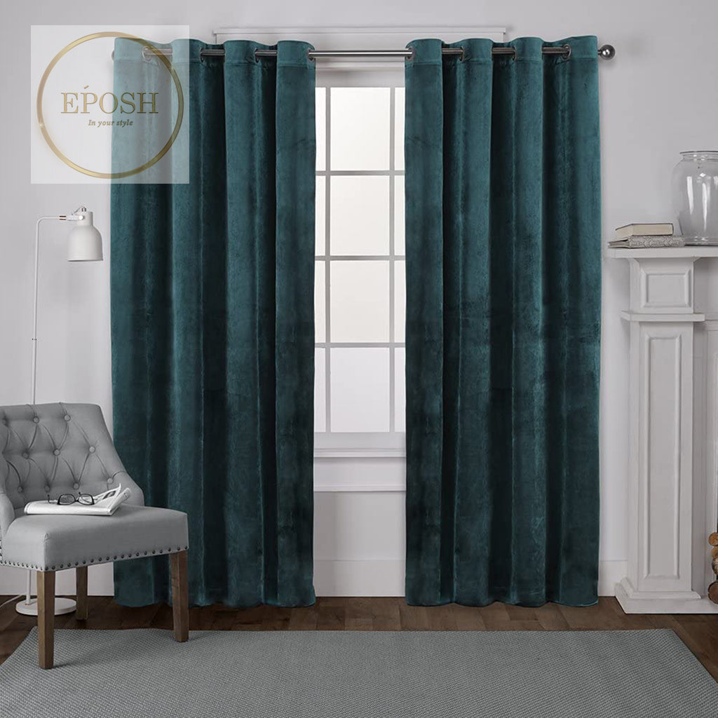 2 Pieces Plain Dyed Velvet Eyelet Curtains-Teal