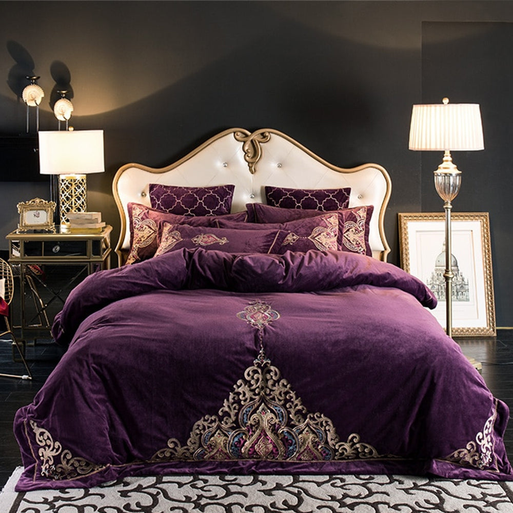 New Luxury Embroidered Velvet Duvet Set -Purple 01