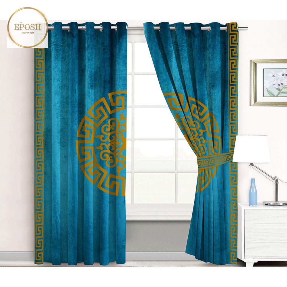 2 Pieces Premium splendid velvet curtain Panels & 2 Belts (Cyan Blue/Camel)