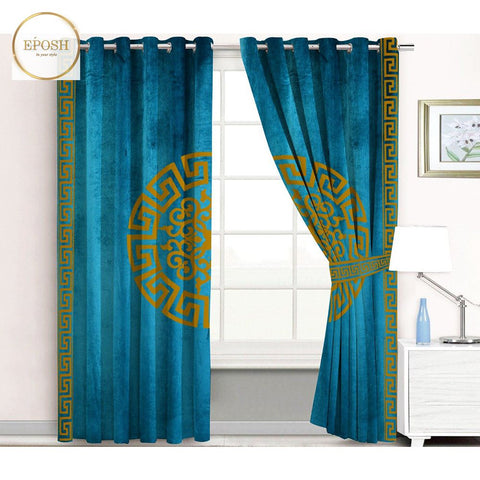 2 Pieces Premium splendid velvet curtain Panels & 2 Belts (Cyan Blue/Camel)