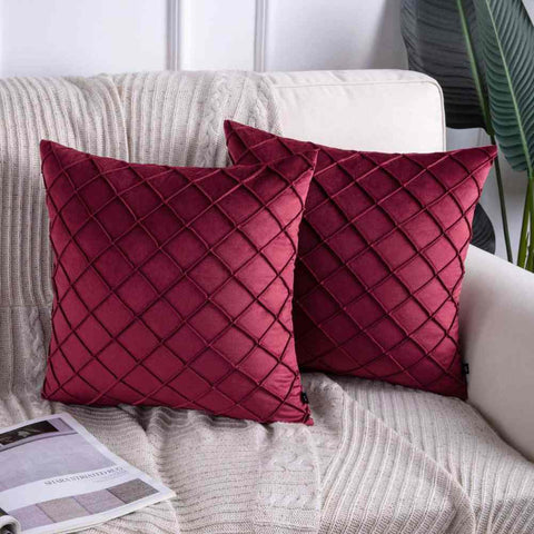 Pack of 2 Velvet Decorative Pleated Square Cushion -  Maroon