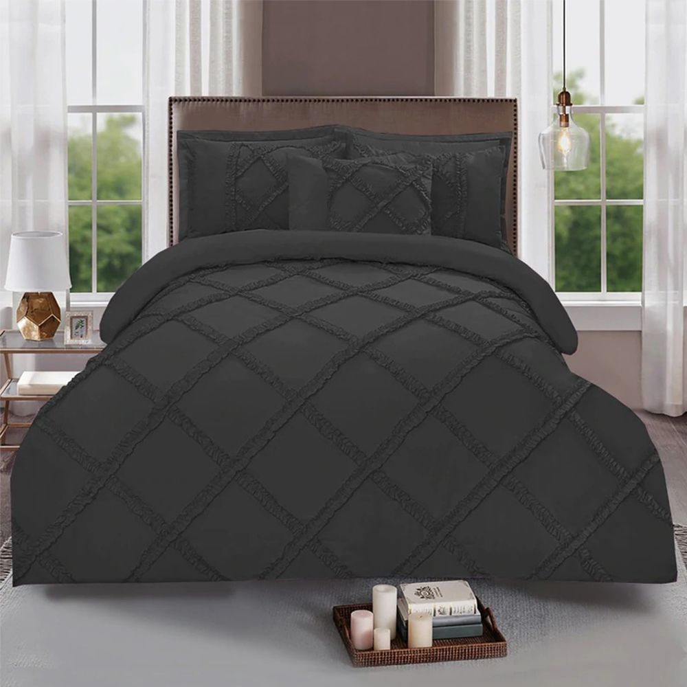Ruffled Cross Pleated Duvet Set - Charcoal grey