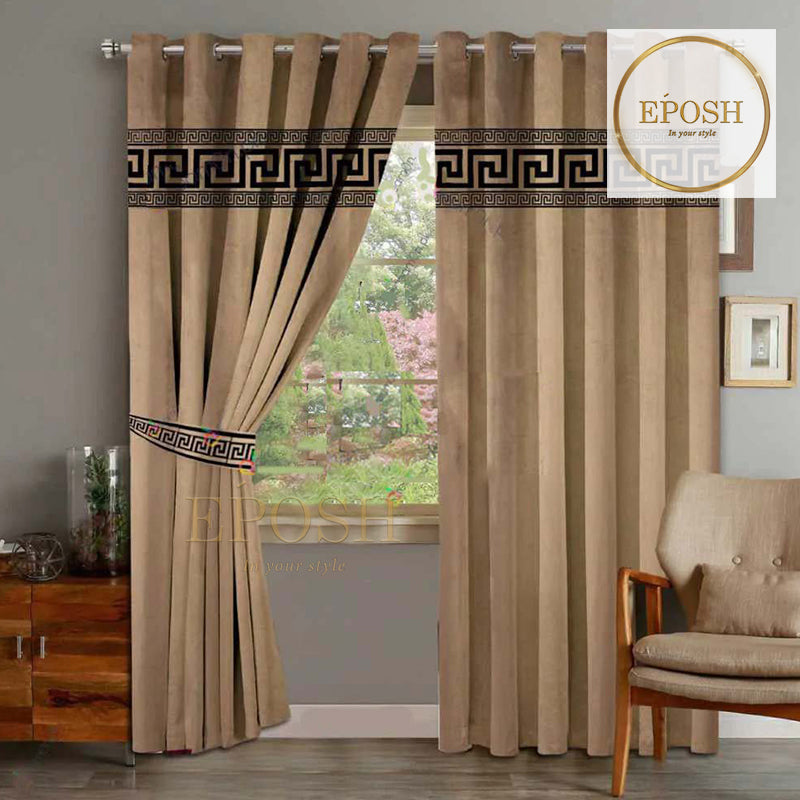 2 Pieces Luxury Velvet Curtain Panels with 2 belts-Camel/Black
