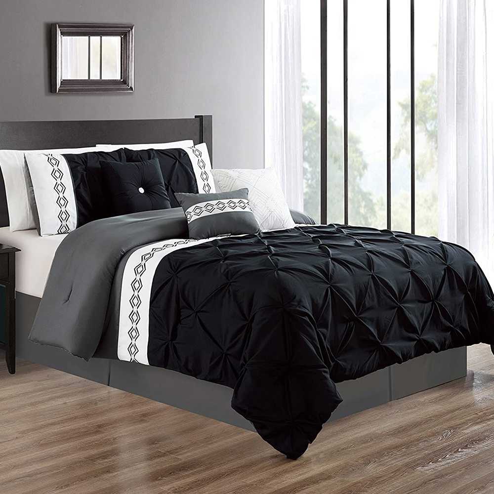 Embroidered Pintuck Duvet 8 Pieces - Black & Grey
