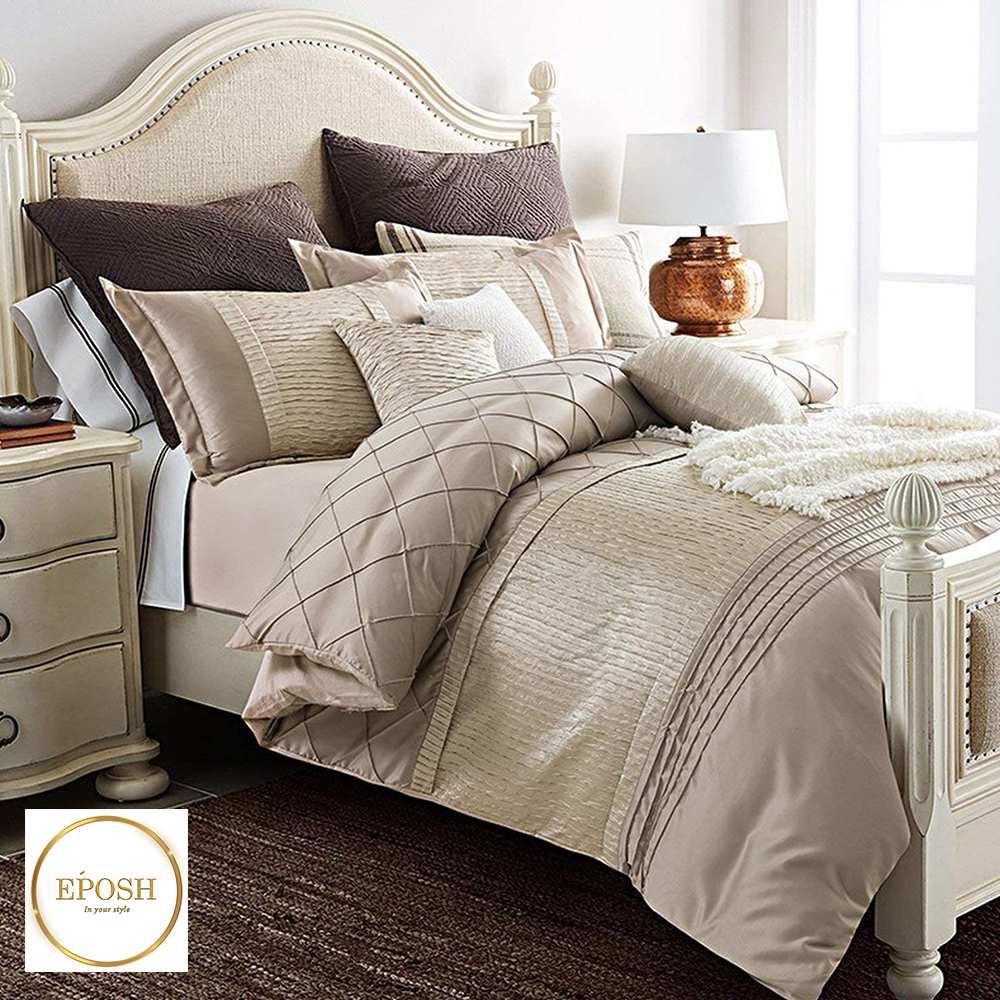 Embellish Pleated Bridal Quilt Set Beige- 12 Pieces Set with Free Quilt Filling