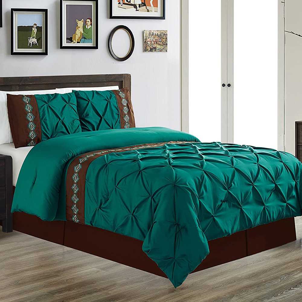Embroidered Pintuck Duvet 8 Pieces - Green & Brown