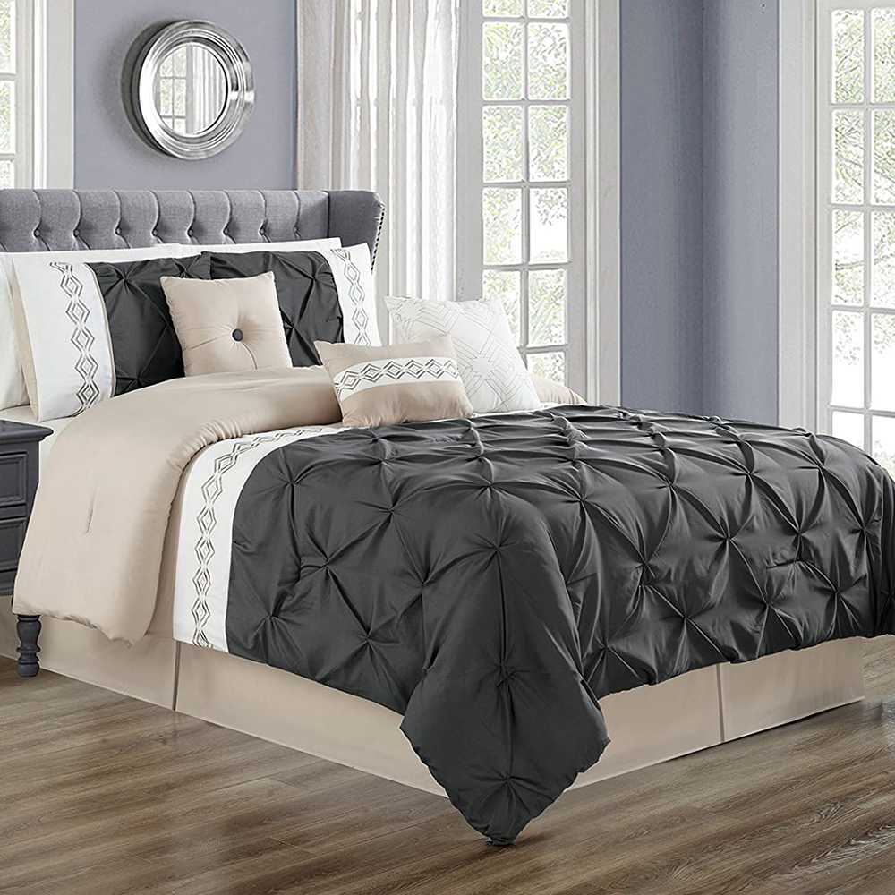 Embroidered Pintuck Duvet 8 Pieces - Grey & Cream