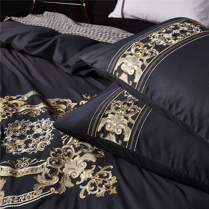 New Black Complete Luxury Embroidery Duvet Set