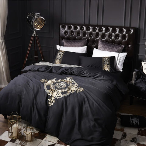 New Black Complete Luxury Embroidery Duvet Set