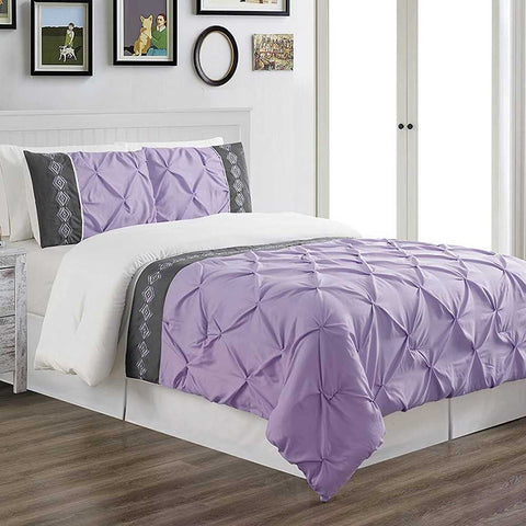 Embroidered Pintuck Duvet 8 Pieces - Light Purple & Grey