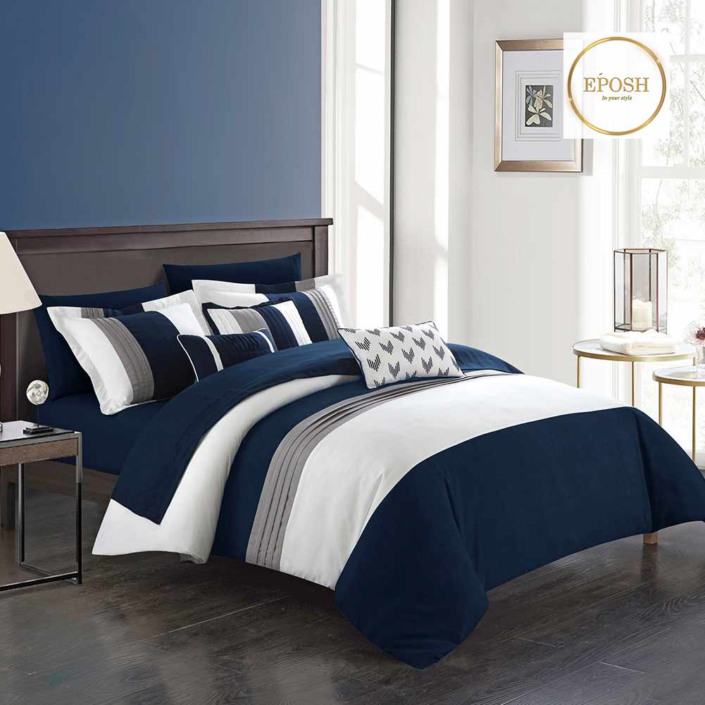 Embellish Pleated Duvet Set - Blue & White