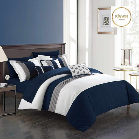 Embellish Pleated Duvet Set - Blue & White
