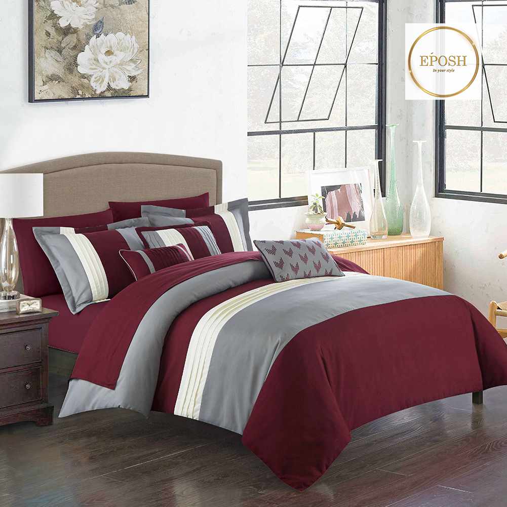 Embellish Pleated Duvet Set - Burgundy & Grey