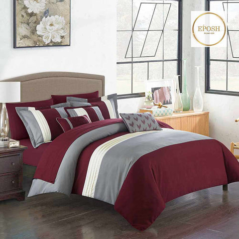 Embellish Pleated Duvet Set - Burgundy & Grey