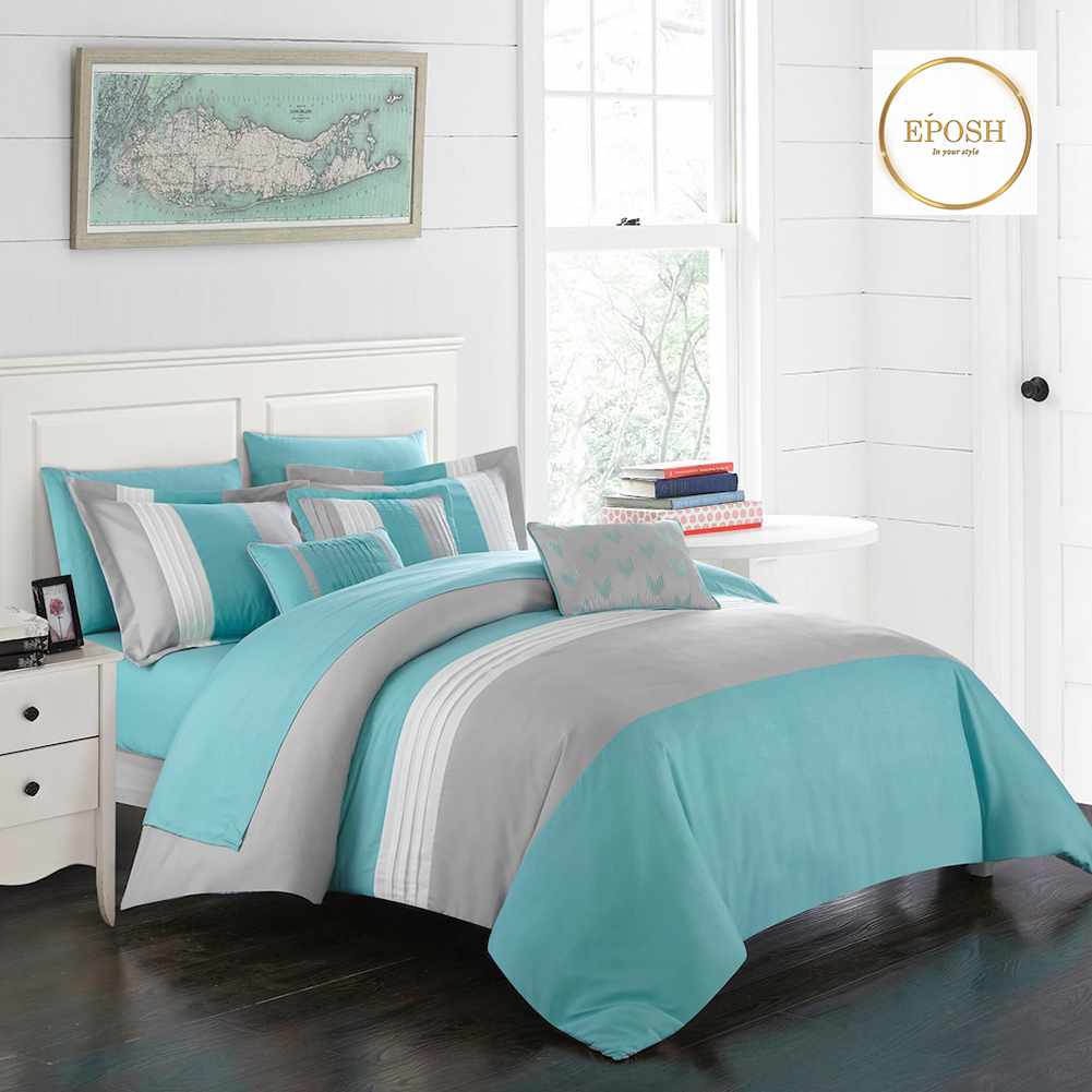 Embellish Pleated Duvet Set - Turquoise & Grey