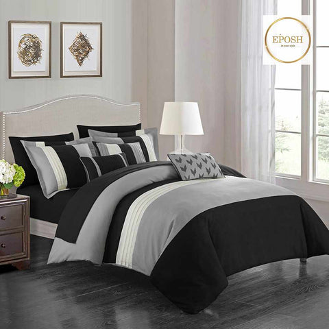 Embellish Pleated Duvet Set - Black & Grey
