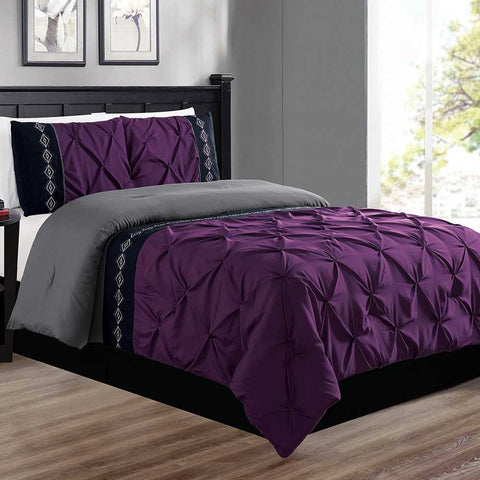 Embroidered Pintuck Duvet 8 Pieces - Purple & Grey