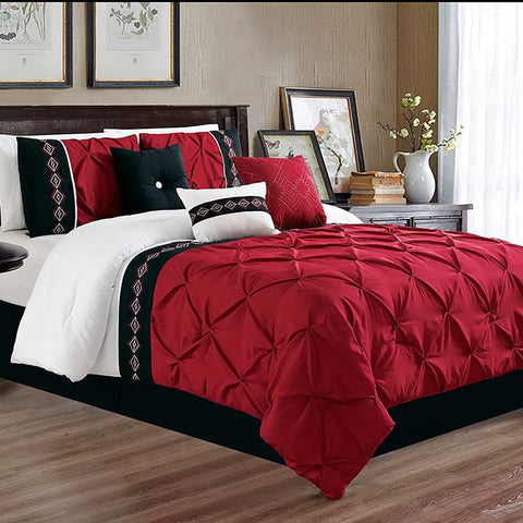 Embroidered Pintuck Duvet 8 Pieces - Red & Black