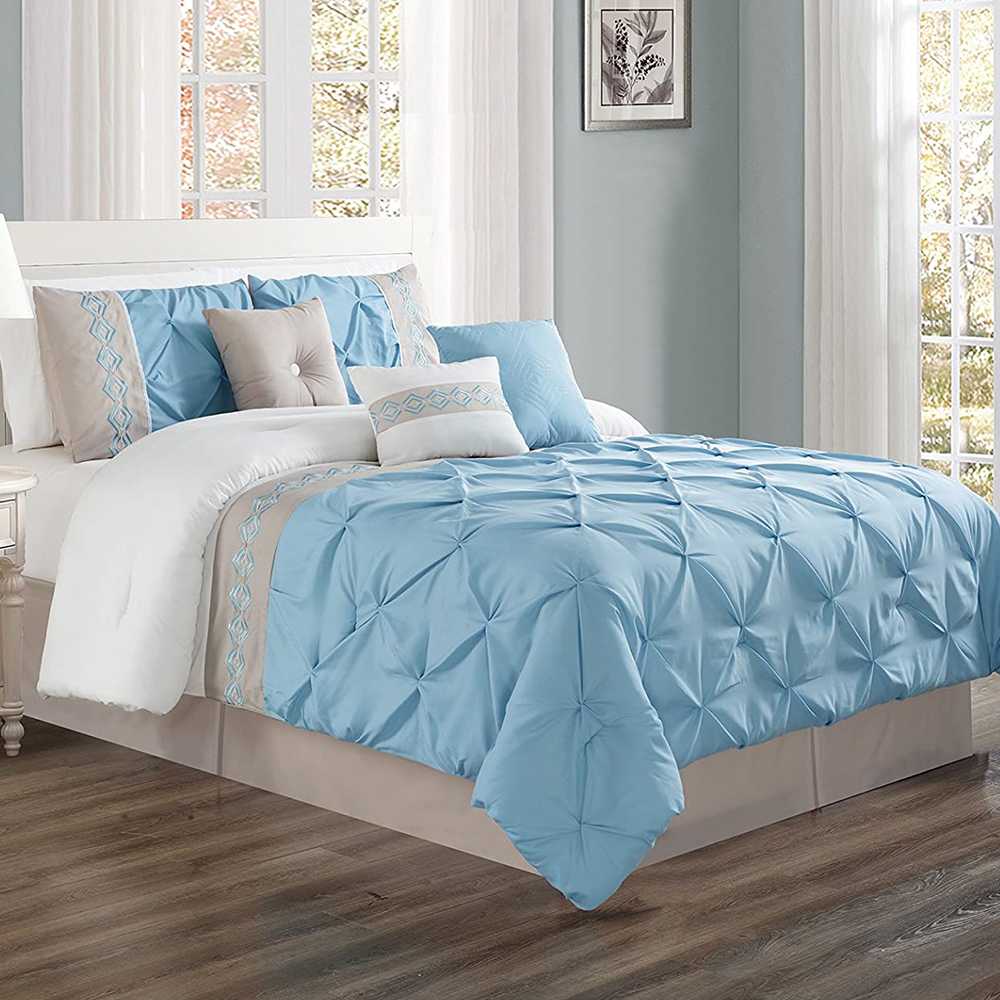Embroidered Pintuck Duvet 8 Pieces - Sky & Cream
