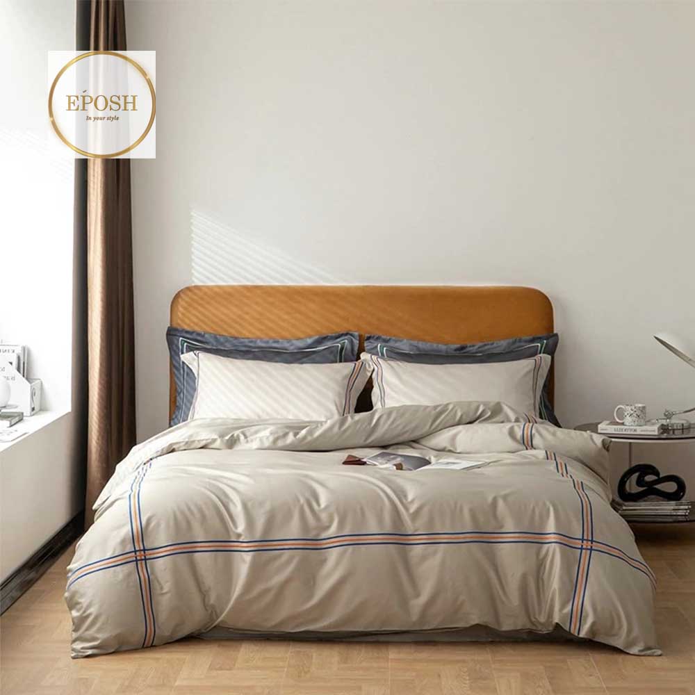 Luxury Satin Bratta Stitch Duvet Cover Set-Beige