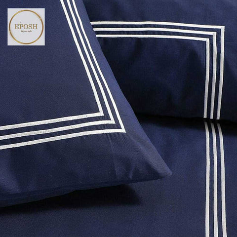 Navy Blue Duvet Set With White Tripe Baratta Stitch