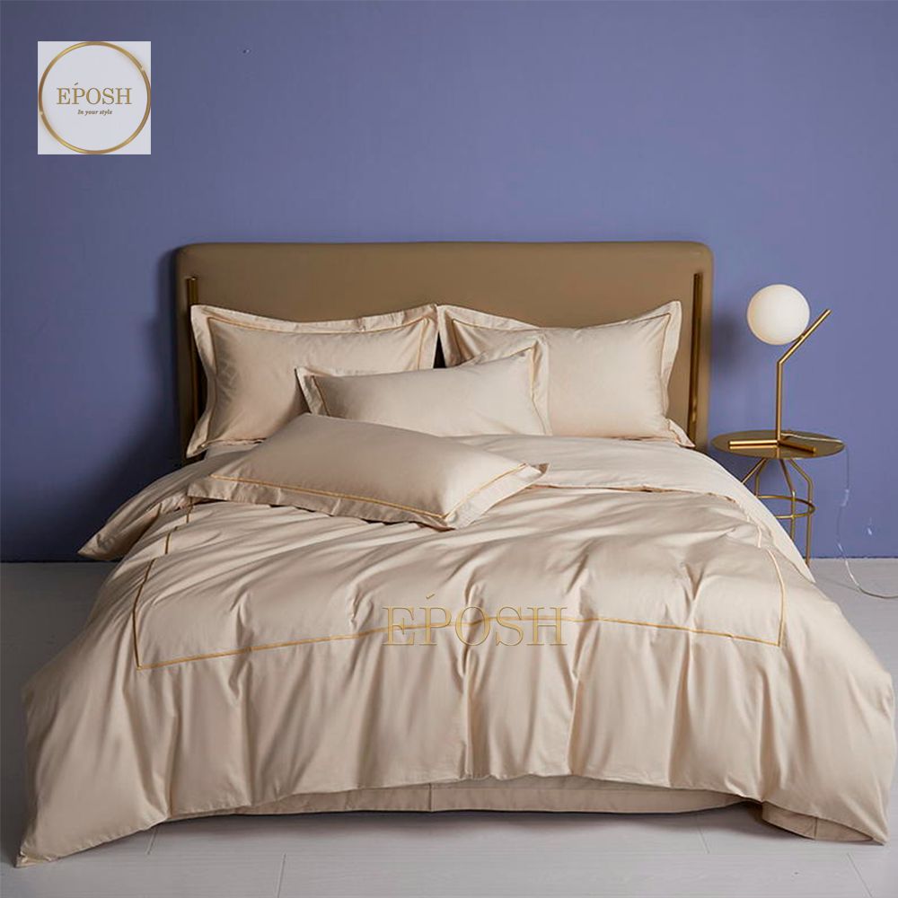 Luxury Satin One Line Bratta Stitch Duvet Cover Set-Beige