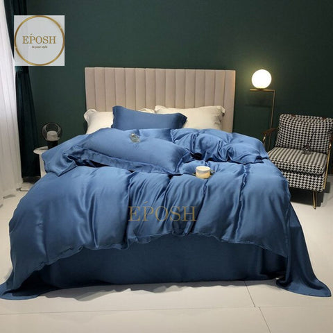 Luxury Satin Bratta Stitch Duvet Cover Set-Blue