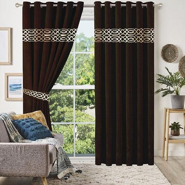 2 Pieces Crocodile  Luxury Velvet Curtain Panels with 2 belts-Brown