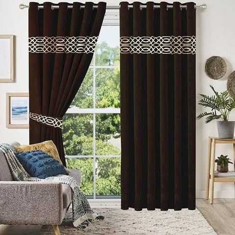 2 Pieces Crocodile  Luxury Velvet Curtain Panels with 2 belts-Brown