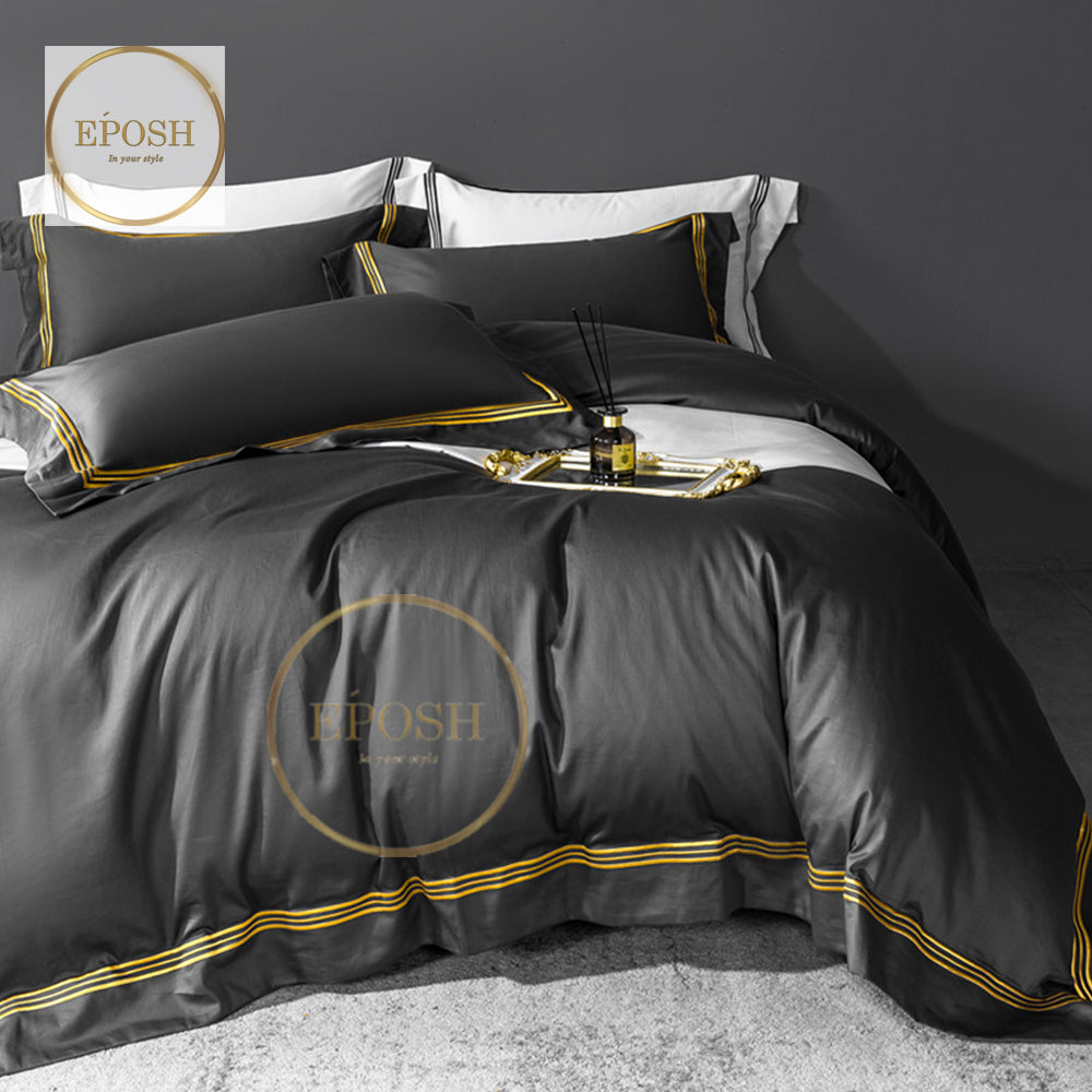 Luxury Satin Bratta Stitch Duvet Cover Set-Charcoal Grey